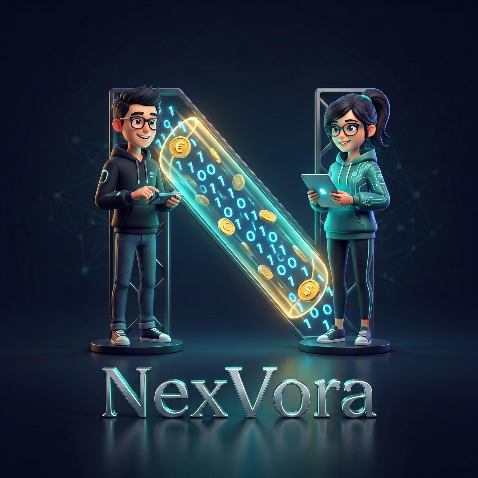 NexVora relay: a donor and a requester sharing an encrypted AI tunnel around a glowing N with gold coins